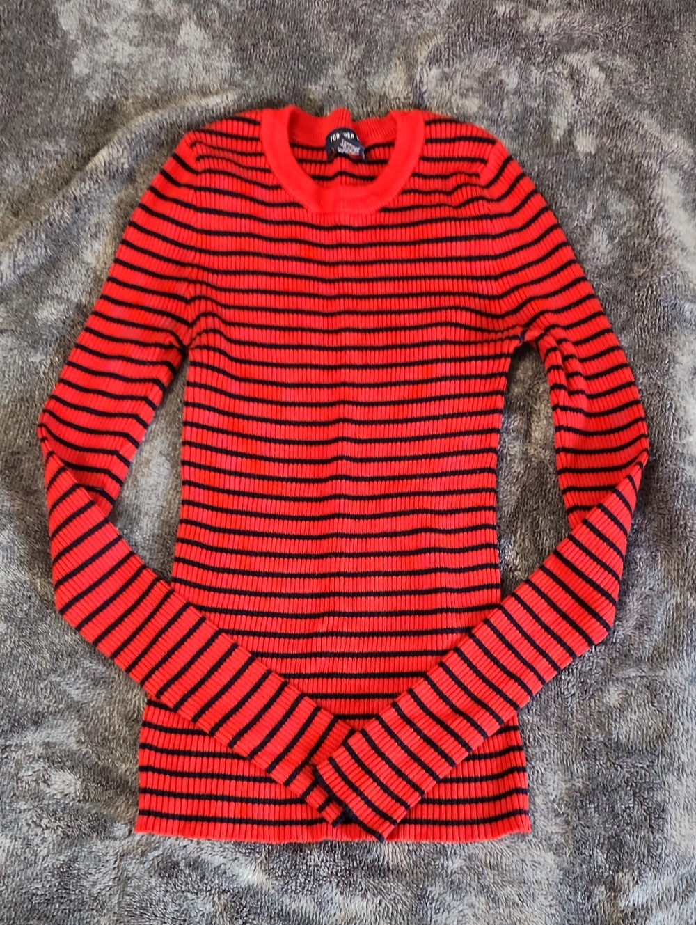 Forever 21 Red and Black Striped Ribbed Crewneck Sweater
